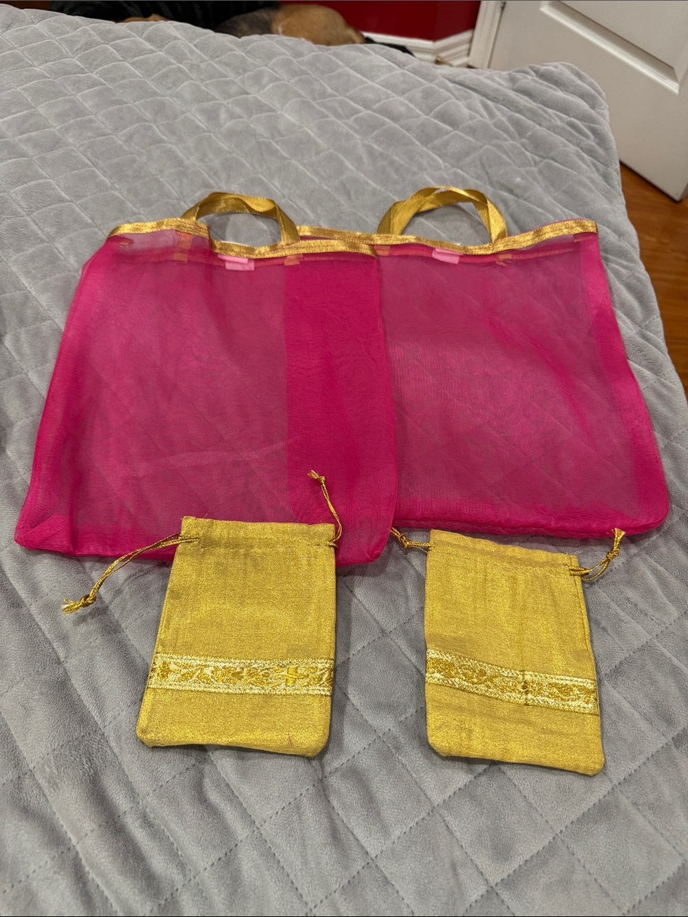 Pink and Gold Mesh Tote Bag with Gold Pouches